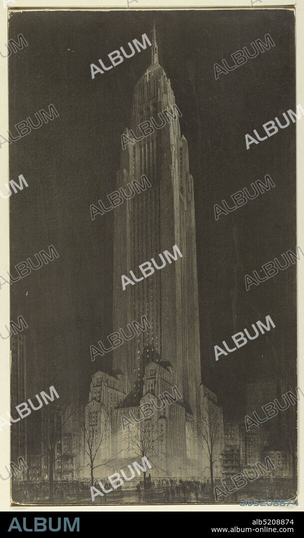 Proposed Convocation Tower, Madison Square (Northeast Corner of Madison Avenue and East 26th Streeet), Photostat mounted on illustration board, Night scene of a skyscraper consisting of a massed cluster of low tiered sections below culminating in a monumental tower. The structure is illuminated by the city street lights below and streams of light from a chapel- like central section. A white cross is visible at the top of the tower. Pedestrians walk among silhouetted leafless trees below., USA, 1921, architecture, Print, Print.