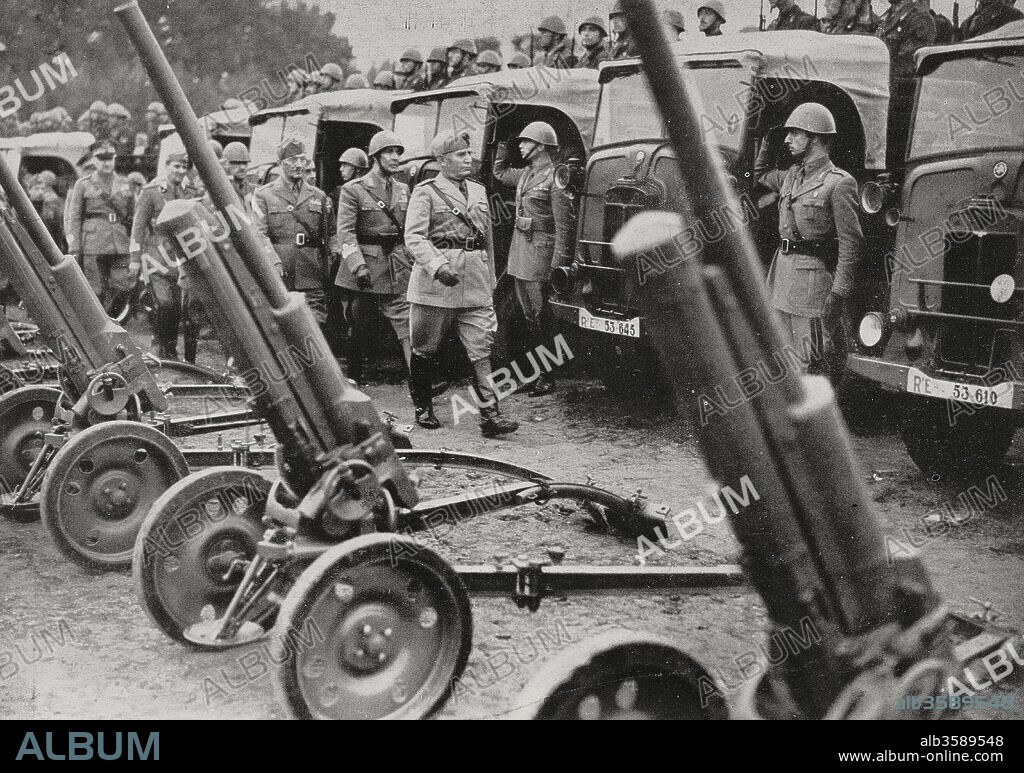 Benito Mussolini visiting the Pasubio and Torino infantry divisions, Italy, World War II, from L'Illustrazione Italiana, Year LXVII, No 41, October 13, 1940.