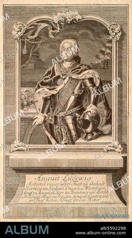August Ludwig, Fürst von Anhalt-Koethen. (1728-1755), General Friedrichs des Großen; 1697-1755. Porträt. Kupferstich, undat., von Johann Christoph Sysang (1703-1757). 36 × 22 cm. Berlin, Sammlung Archiv für Kunst und Geschichte.