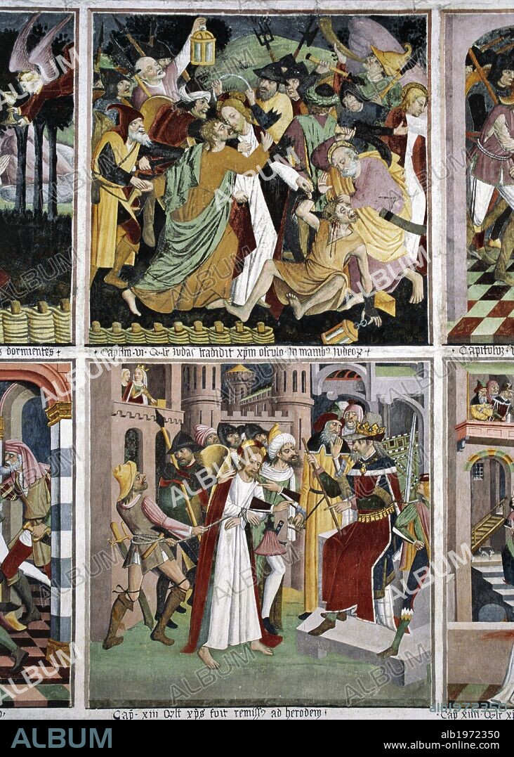 Betrayal of Jesus Christ and Jesus Christ before Herod, by Giovanni Canavesio, 1491, in the Notre-Dame des Fontaines Chapel, La Brigue. France, 15th century.