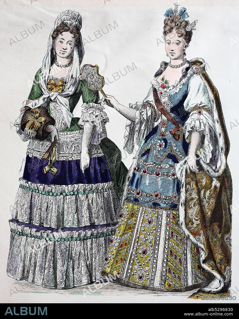 National costume, clothes, history of the costumes, clothes Hedwig Sophie Prinzessin of Sweden, in 1700, and Elisabeth von Braunschweig, Germany, in 1707, Volkstracht, Kleidung, Geschichte der Kostüme, Kleidung der Hedwig Sophie Prinzessin von Schweden, 1700, und der Elisabeth von Braunschweig, Deutschland, 1707.