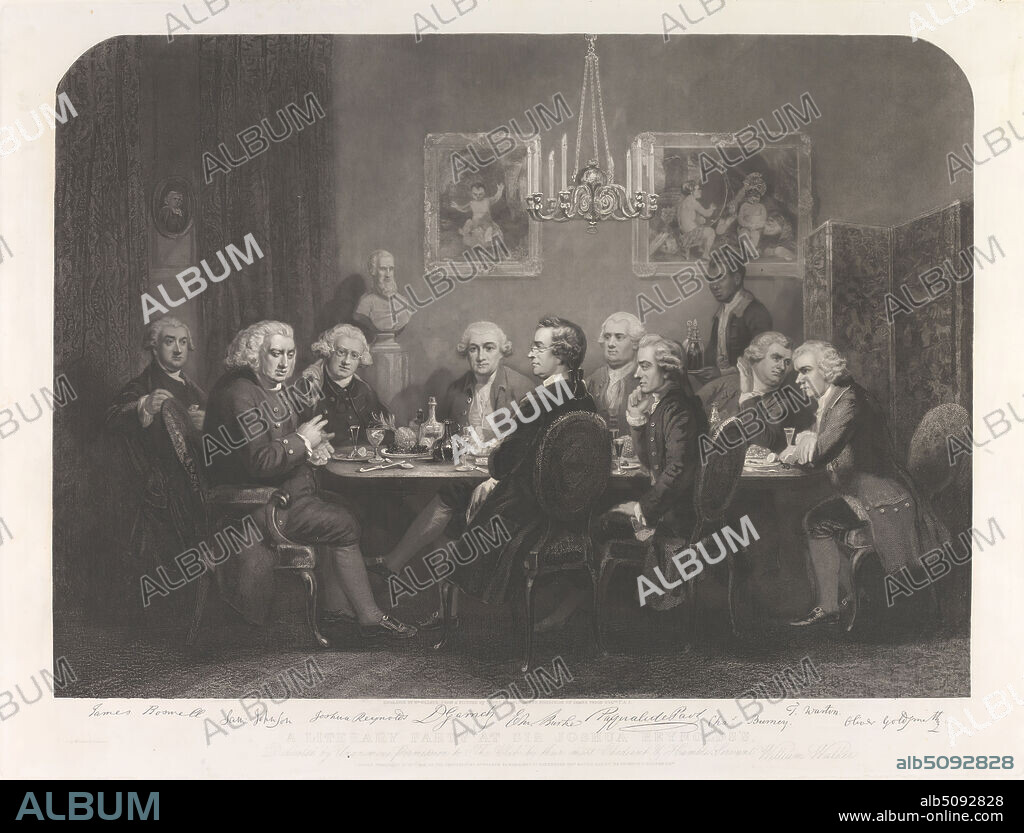 A Literary Party at Sir Joshua Reynolds, William Walker, 17911867, British, after James Doyle, 18221892, British, 1848, Engraving on thick, slightly textured, cream, wove paper, Sheet: 21 3/16 × 26 1/4 inches (53.8 × 66.7 cm), Plate: 18 3/4 × 24 13/16 inches (47.6 × 63 cm), and Image: 16 × 22 1/8 inches (40.6 × 56.2 cm).
