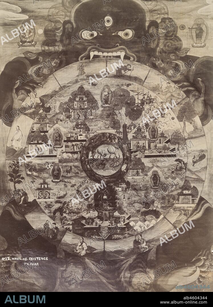 India, Close-up shot of a 'wheel of existence' painting. In the dharmic religions (Hinduism, Buddhism and Jainism), the wheel, sometimes known as the 'wheel of life', is a mandala or symbolic representation of samsara, the continuous cycle of birth, life and death.Printed caption: No. 32. WHEEL .of. EXISTENCETH. PAAR. Original manuscript caption: The Wheel of Existence, circa 1900. 2003/071/1/1/3/31.