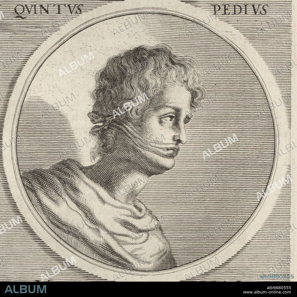 Quintus Pedius, mute Roman painter, died about 13 AD. Described by Roman author Pliny. Depicted as a mute with his mouth covered by a ribbon of cloth, possibly deaf. Quintus Pedius. Copperplate engraving by Philipp Kilian after an illustration by Joachim von Sandrart from his LAcademia Todesca, della Architectura, Scultura & Pittura, oder Teutsche Academie, der Edlen Bau- Bild- und Mahlerey-Kunste, German Academy of Architecture, Sculpture and Painting, Jacob von Sandrart, Nuremberg, 1675.
