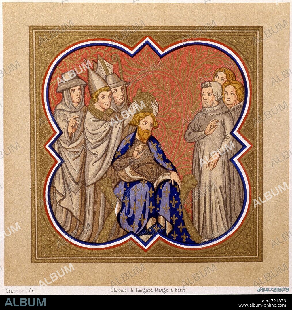 En 800, le Pape LEON III (750-816) couronne CHARLEMAGNE (742-814) empereur d'Occident. Chromolithographie sans date realisee d'apres les miniature des 'Grandes Chroniques de Saint Denis redigees par les moines de l'abbaye jusqu'au 14eme siecle.' Arts somptuaires. Credit : Collection KHARBINE-TAPABOR.