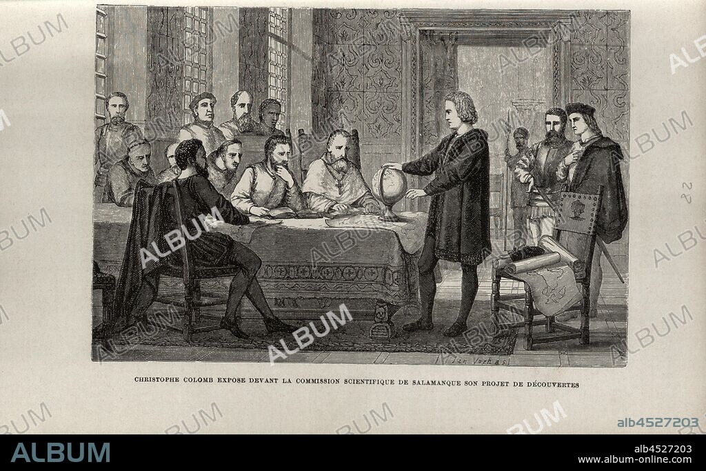 Christophe Colomb expose devant la commission scientifique de Salamanque son projet de découvertes, Christopher Columbus presents his discovery plans in the Salamanca Science Committee, pl. 30, after p. 396 (vol. 2), Verhas, Jan, 1867, Louis Figuier: Savants du moyen âge. Geber, Mesué, Rhasès, Avicenne, Averroès, Abulcasis, Albert le Grand, Thomas d'Aquin, Roger Bacon, Vincent de Beauvais, Arnauld de Villeneuve, Raymond Lulle, Guy de Chauliac, Gutenberg, Fust et Schoeffer, Christophe Colomb, Amèric Vespuce. Paris: librairie internationale; à Bruxelles, à Leipzig & à Livourne, 1867.