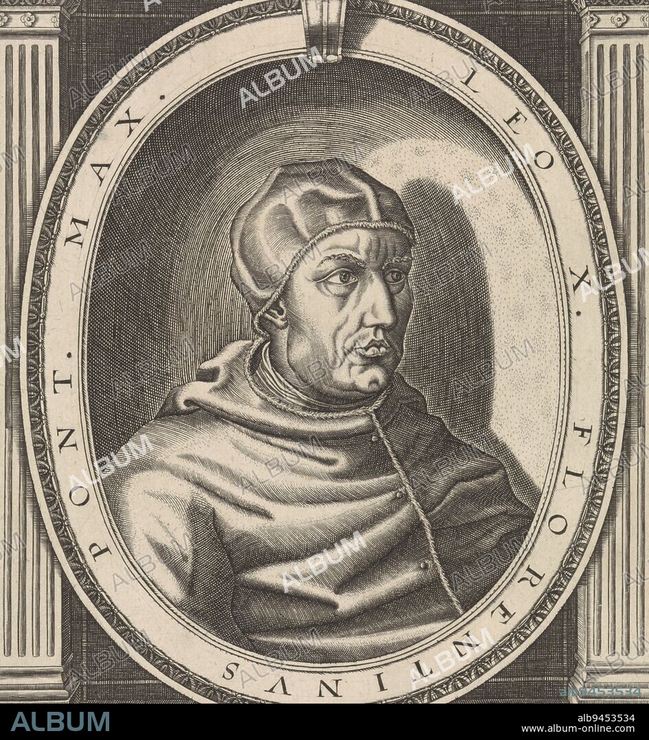 Portrait of Pope Leo X clad in the papal robe, head adorned with a camauro Bust to right in oval frame with edge lettering Above a two-line text in Latin and at center top his papal coat of arms is depicted Below the portrait seven lines of text in Latin, Portrait of Pope Leo X, print maker: Friedrich van Hulsen, (mentioned on object), Germany, 1590 - 1665, paper, engraving, h 303 mm × w 185 mm.