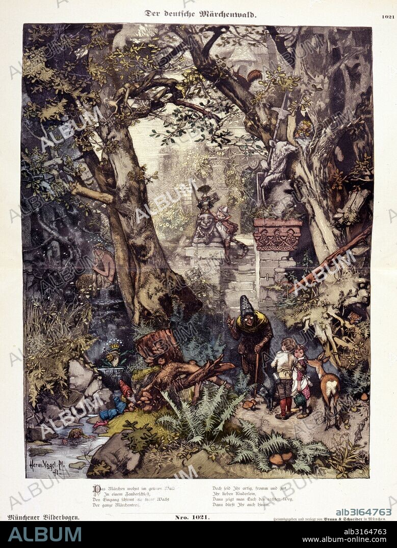 Illustration depicting characters from German Fairy Tales in a forest. Some of the characters depicted include;Hansel and Gretel, Snow White and the Seven Dwarfs and Puss in Boots by Hermann Vogel (1856-1918) French painter and illustrator of German origin. Dated 1891.