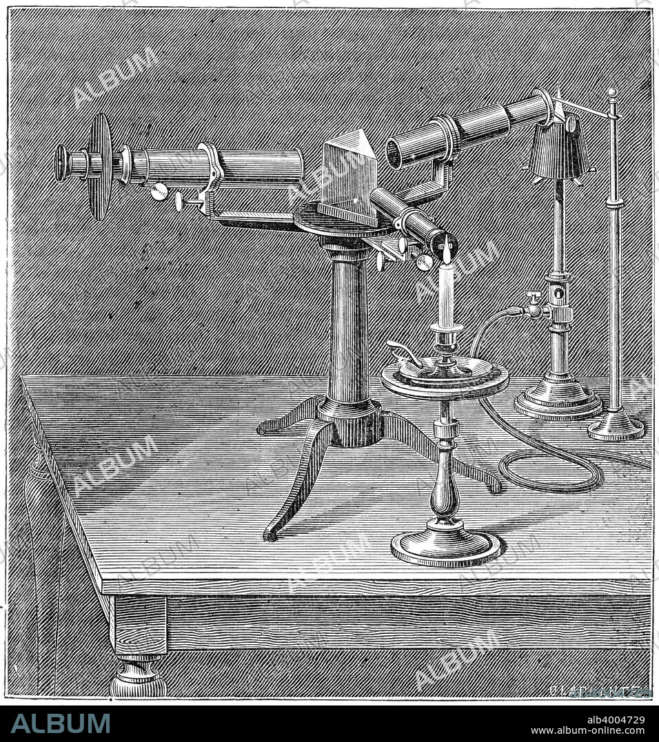 Spectroscopic apparatus used by Robert Wilhelm Bunsen (1811-1899) and Gustav Robert Kirchhoff (1824-1887). Discovered Spectrum Analysis (1859) which enabled discovery of elements including caesium and rubidium.