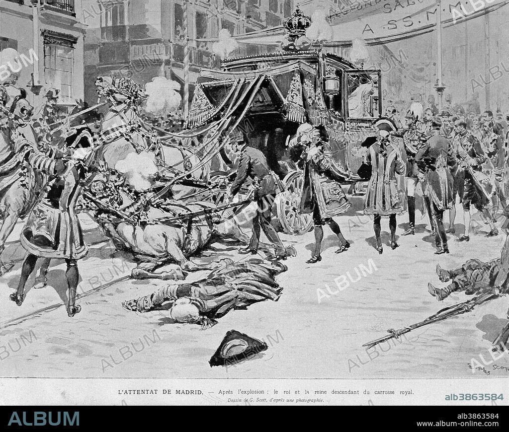 Grabado del rey Alfonso XIII y Victoria Eugenia de Battemberg durante el día de su boda real en Madrid. en la foto : Atentado contra los novios perpetrado por el anarquista Mateo Morral en la calle Mayor. 31/05/1906. Madrid.