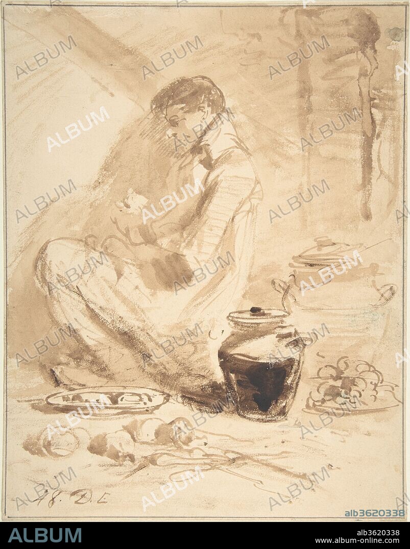 Man Sitting on the Ground with Jars and Food. Artist: Anonymous, British, 19th century. Dimensions: Sheet: 11 9/16 in. × 9 in. (29.3 × 22.9 cm). Date: 1848.