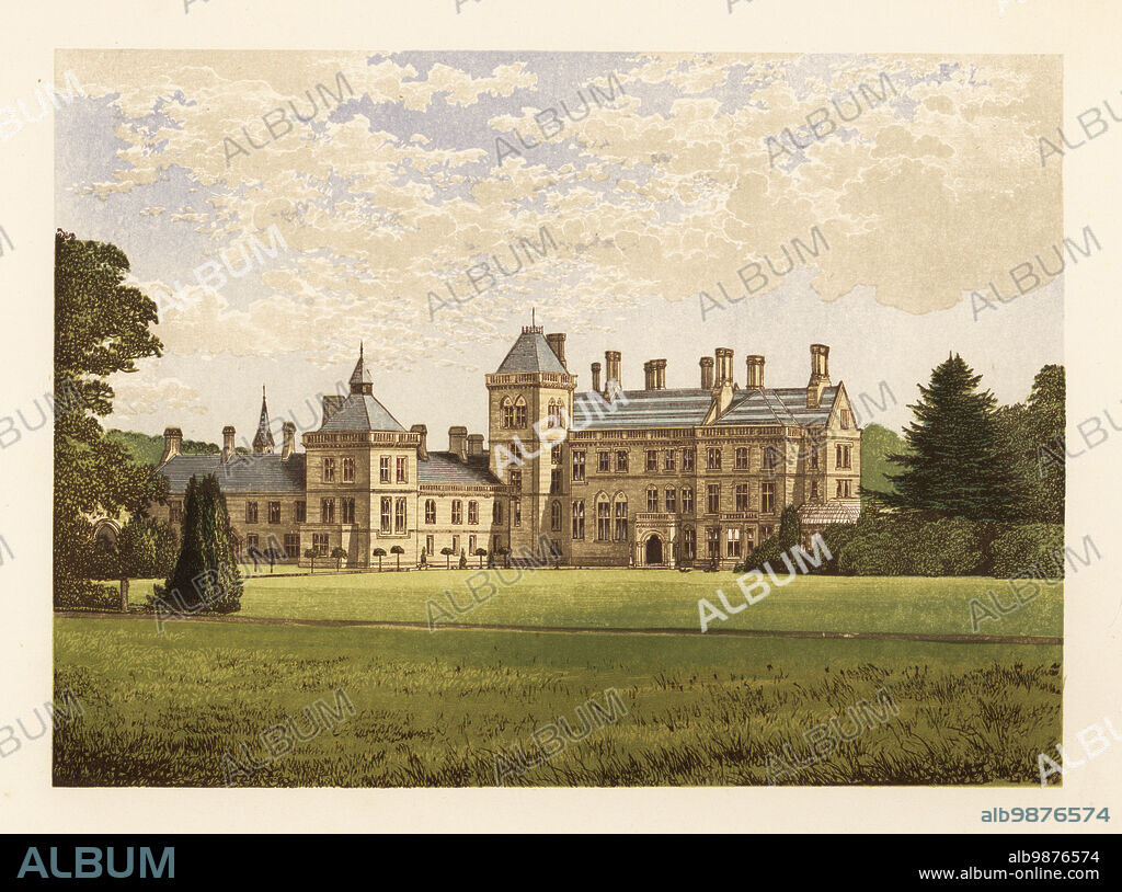 Walton Hall, Warwickshire, England. Gothic-Revival style mansion built by architect Sir George Gilbert Scott for owner Sir Charles Mordaunt, 10th Baronet,in 1858. Colour woodblock by Benjamin Fawcett in the Baxter process of an illustration by Alexander Francis Lydon from Reverend Francis Orpen Morriss Picturesque Views of the Seats of Noblemen and Gentlemen of Great Britain and Ireland, William Mackenzie, London, 1880.