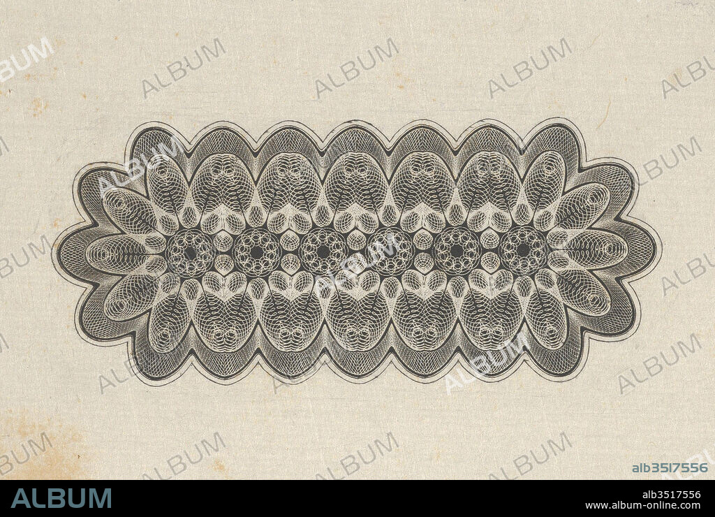 Banknote motifs: panel of lathe work ornament with rounded ends, with a repeating floral pattern, ca. 1824–42, Engraving on chine collé, plate: 3 15/16 x 2 5/16 in. (10 x 5.9 cm), Prints, Associated with Cyrus Durand (American, 1787–1868).