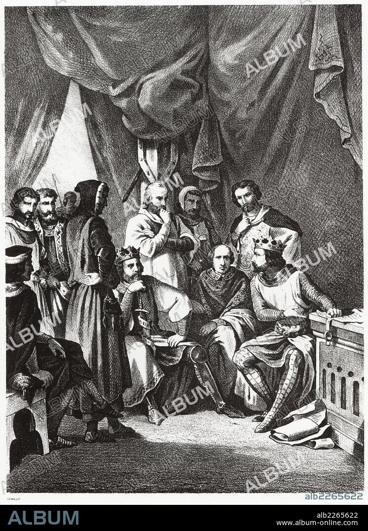 Historia de España. Firma del tratado de Valdevez para la independencia de Portugal entre el emperador Alfonso VII y su primo Alfonso Enriquez, primer rey de Portugal, en 1141. Grabado de 1872.