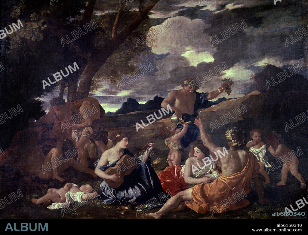 NICOLAS POUSSIN. BACANAL CON TOCADORA DE LAUD - SIGLO XVII - OLEO/LIENZO - 121x175 cm - BARROCO CLASICISTA.