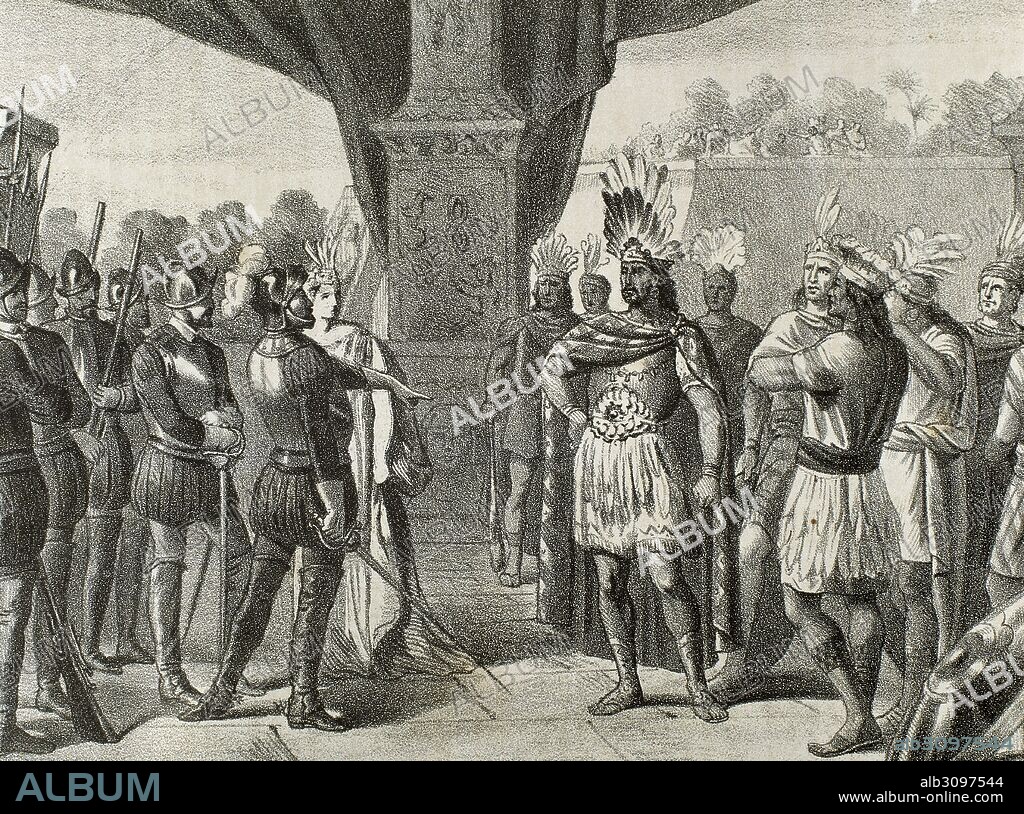 CONQUISTA DE MEXICO (1519). MOCTEZUMA II (1467-1520), noveno "tlatoani" o rey de Mexico-Tenochtitlan. Al llegar los españoles, creyó que eran hijos de Quetzalcoatl. Hernán Cortés, temeroso de un posible ataque, lo hizo apresar. "PRISION DE MOCTEZUMA". Grabado del siglo XIX.