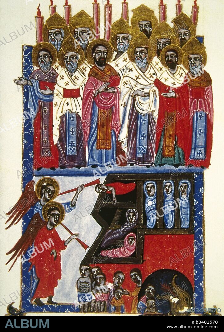 Miniatura medieval. Parte superior: la asamblea de los santos. Parte inferior: El Apocalipsis. Miniatura, año 1130. Museo Condé. Castillo de Chantilly. Francia.