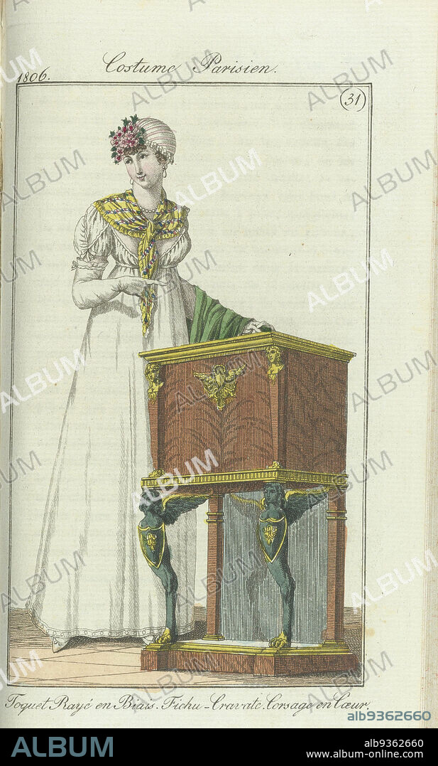 Journal des Dames et des Modes, edition Frankfurt 28 juillet 1806, Costume Parisien (31): Toquet Rayé en Biais. Fichu-Cravate. Corsage en Coeur., Woman at chifonnier (described as a new type of furniture) The accompanying text (p. 133) states: Toque of oblique striped fabric with tuft of flowers on the front. Necklace and earrings of pearls. Fichu-cravatte around the neck. Gown of white muslin. Corsage and coeur. Short puff sleeves. Scarf of embroidered green silk. White gloves. White shoes. The print is part of the fashion magazine Journal des Dames et des Modes, published in Frankfurt as a copy of the French edition by Pierre de la Mésangère, (1798-1848)., print maker: anonymous, publisher: J.P. Lemaire, Frankfurt am Main, 1806, paper, engraving, height 188 mm × width 115 mm.