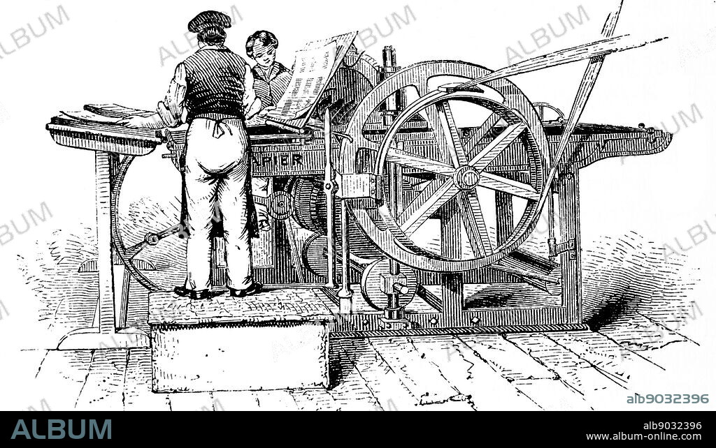 Illustration of Napier's steam powered, platen printing press. 1870. David Napier (17851873) was a Scottish engineer.