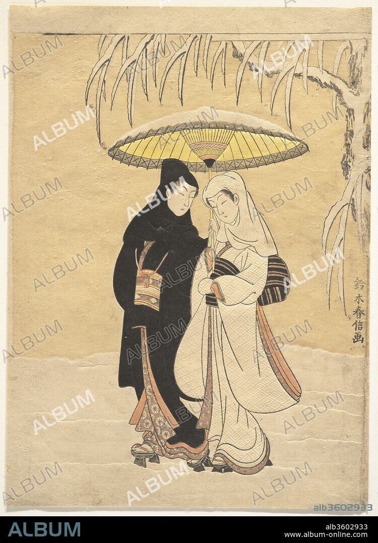 Lovers Walking in the Snow (Crow and Heron). Artist: Suzuki Harunobu (Japanese, 1725-1770). Culture: Japan. Dimensions: H. 11 1/4 in. (28.6 cm); W. 8 1/8 in. (20.6 cm)
medium-size print (chu-ban). Date: 1764-72.
Of all ukiyo-e prints of lovers, this one creates the most romantic and melancholic mood. Harunobu emphasizes the intimacy of two lovers strolling in the snow, even suggesting perhaps a michiyuki, a path to a love suicide. The couple walk together in the quietly falling snow, in what is known as an ai ai gasa pose, literally, the sharing of an umbrella and love. 
Harunobu, the originator of the polychrome print, or nishiki-e, shows his mastery of color, rendering the couple's robes in paired black and white, characterized as "crow and heron." In contrast to the plain colors, he decorates both the inner robe and the obi of each figure with elaborate polychrome patterns. Embossing brings out the soft, flaky texture of the snow and the patterns of the woman's kimono and hood. This print is an early impression of this design, which was re-engraved, with slight changes, during Harunobu's lifetime or shortly afterward.