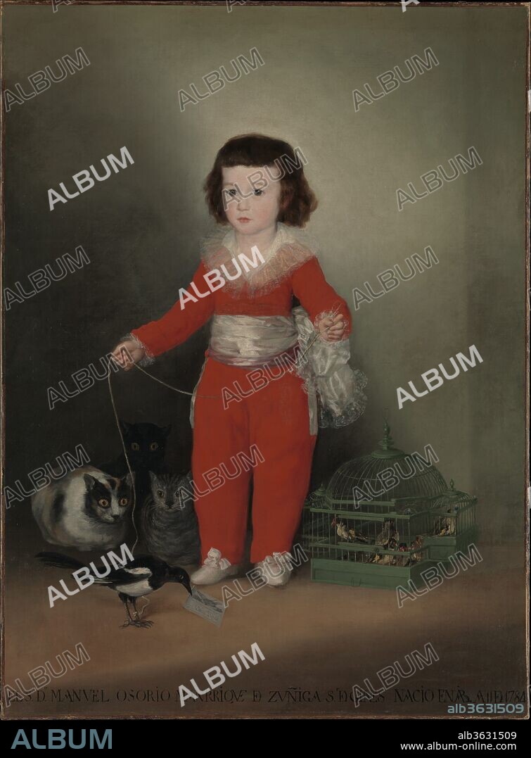 Manuel Osorio Manrique de Zuñiga (1784-1792). Artist: Goya (Francisco de Goya y Lucientes) (Spanish, Fuendetodos 1746-1828 Bordeaux). Dimensions: 50 x 40 in. (127 x 101.6 cm). Date: 1787-88.
The sitter is the son of the Count and Countess of Altamira. Outfitted in a splendid red costume, he is shown playing with a pet magpie (which holds the painter's calling card in its beak), a cage full of finches, and three wide-eyed cats. In Christian art birds frequently symbolize the soul, and in Baroque art caged birds are symbolic of innocence. Goya may have intended this portrait as an illustration of the frail boundaries that separate the child's world from the forces of evil or as a commentary on the fleeting nature of innocence and youth.