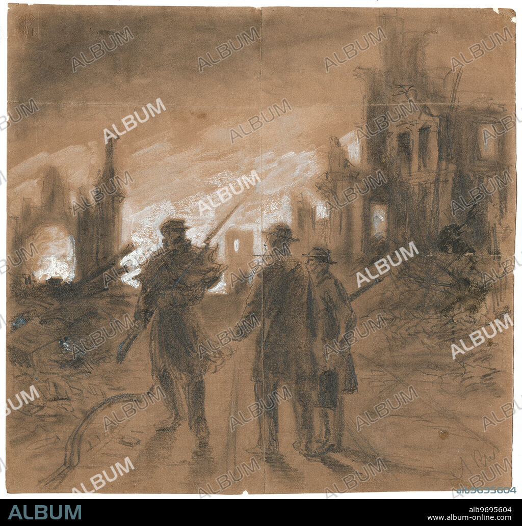 Drawing by Alfred Rudolph Waud of a soldier on sentry duty confronting two Chicagoans during the Chicago Fire of 1871. Title: Halt! Who goes There! Pencil, chalk, and paint drawing.