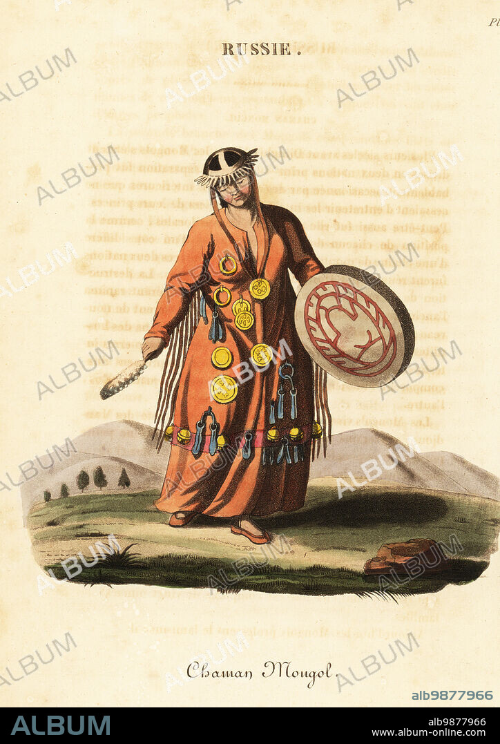 Female magician or shaman, Mongol people, 18th century. She wears an iron hat and a fringed leather dress decorated with iron pieces. She holds a drum and feather. Mongol shaman, Chaman Mongol.Handcoloured copperplate engraving after an illustration by William Alexander from J-B. Eyries La Russie: Costumes, Moeurs et Usages des Russes, Russia: Costumes, Manners and Mores of the Russians, Librairie de Gide Fils, Paris, 1823. Jean-Baptiste Eyries (1767-1846) was a French geographer, author and translator.