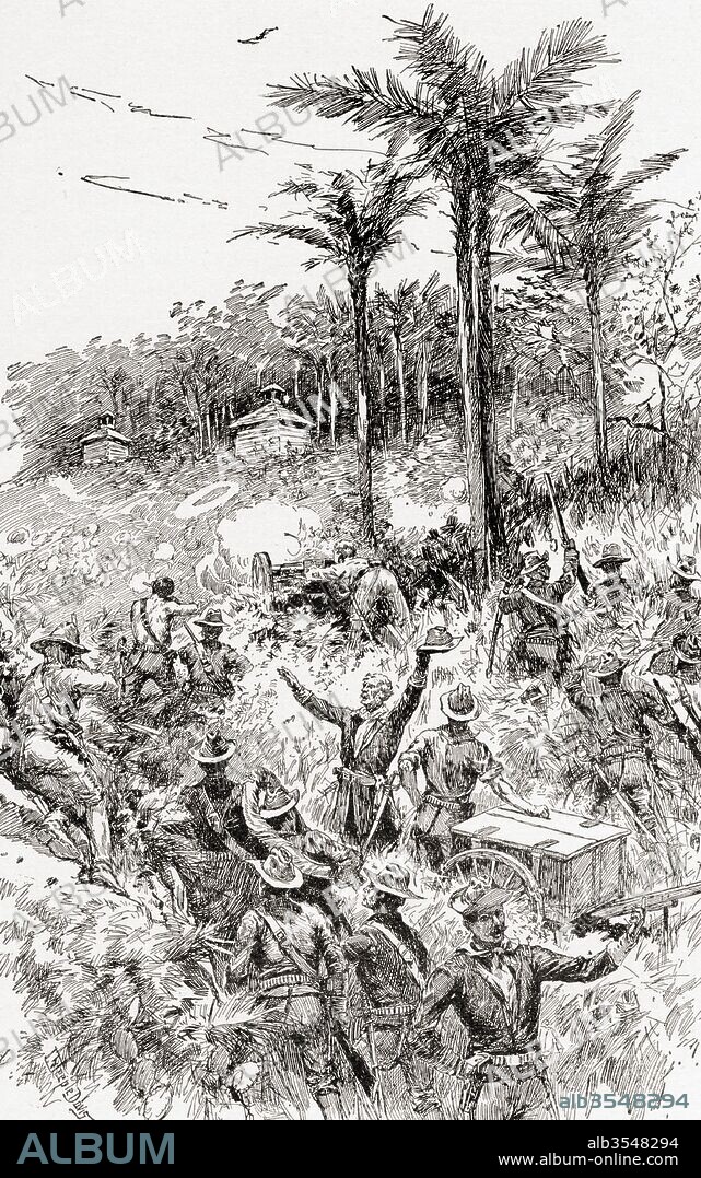 The Battle of Las Guasimas, Cuba, June 24, 1898, the first land engagement of the Spanish–American War. From The History of Our Country, published 1900.