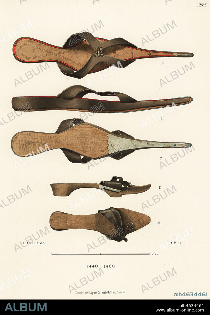 Crakows and Trippen shoes from the mid-15th century. Chromolithograph from Hefner-Alteneck's Costumes, Artworks and Appliances from the Middle Ages to the 17th Century, Frankfurt, 1889. Illustration by Dr. Jakob Heinrich von Hefner-Alteneck, lithographed by C.R. Dr. Hefner-Alteneck (1811 - 1903) was a German museum curator, archaeologist, art historian, illustrator and etcher.