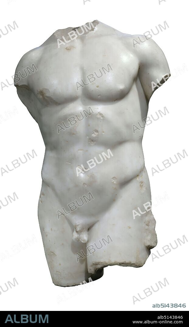 Male torso, marble, chiseled, drilled, marble, chiseled, Total: Height: 59,90 cm; Width: 38,40 cm, sculptures, standing figure, contrapost, upper part of the body (torso), male nude, High Classical (Greek antiquity), torso of a naked, standing young man with athletic build Statues like these characterize our image of Greek classicism. The nudity that does not reflect reality as well as the idealized body are expressions of youth, purity, strength, an aesthetic and character beauty - in modern times it is called ideal or even heroic nudity. Young men, athletes and warriors are associated, as it were, with the heroes of mythical times. Even the Romans took a liking to Greek classicism and copied numerous works. The originals or models - often made of bronze - are rarely preserved.