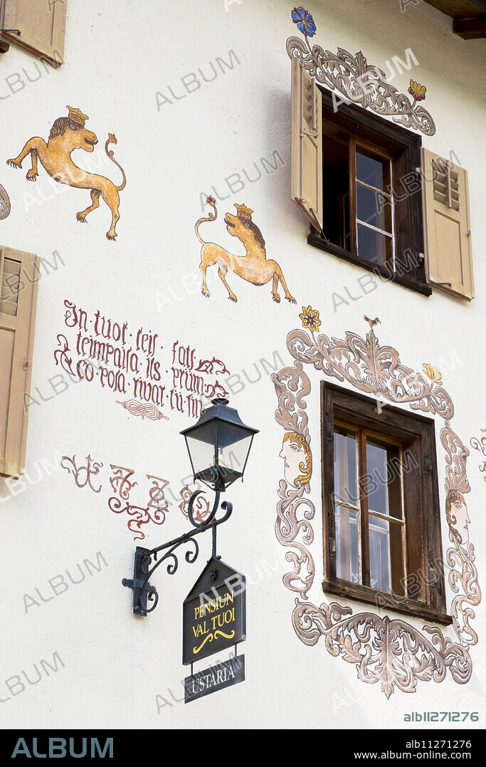 Pension Val Tuoi in the Engadine Valley in village of Guarda with old painted stone 17th century houses, Graubunden, Switzerland, Europe.