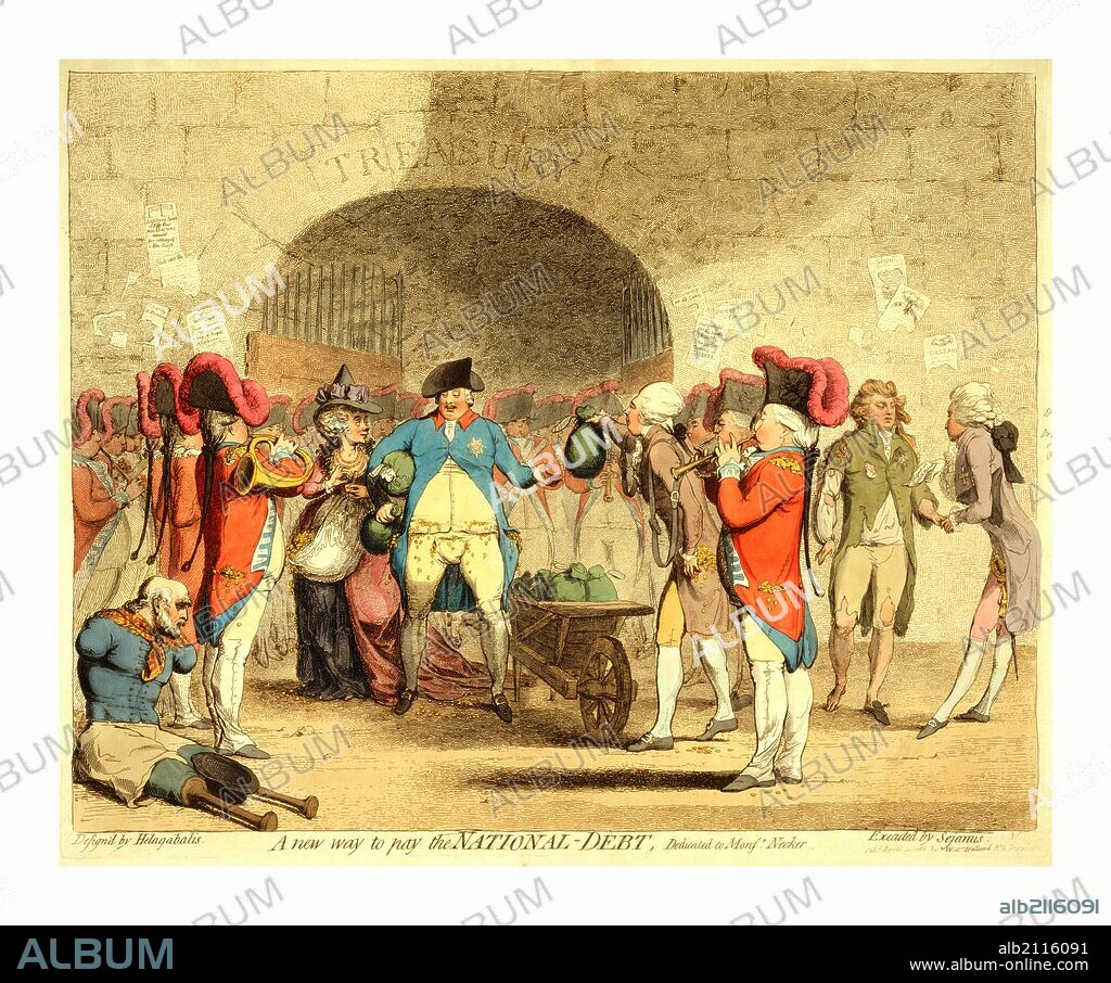 A new way to pay the national-debt, Cartoon shows King George III and Queen Charlotte standing before the Treasury, moneybags under their arms, their pockets overflowing and bursting with coins (funds from the Treasury to cover Royal debts), William Pitt, his pockets full of coins, hands the king another moneybag taken from an overflowing wheelbarrow; the Prince of Wales, George IV, stands to the right looking destitute; a quadriplegic sits on the ground to the left with an overturned and empty hat between the stubs of his legs, which are fitted with prostheses.