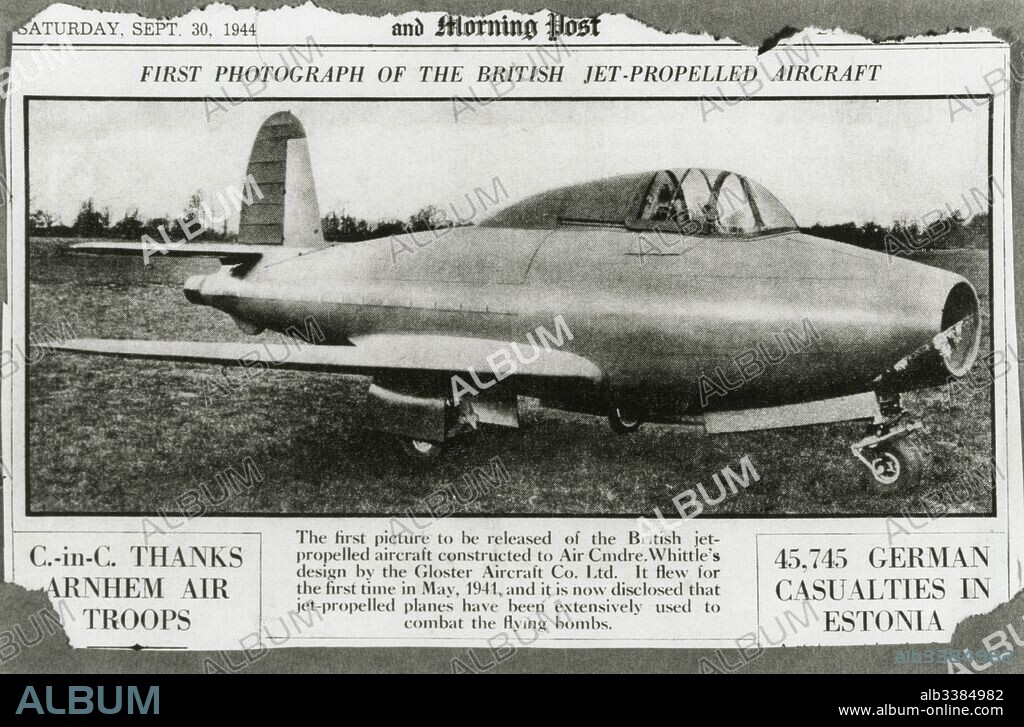 Gloster experimental jet aircraft E28, clipping from a newspaper, 30 Sept 1944.