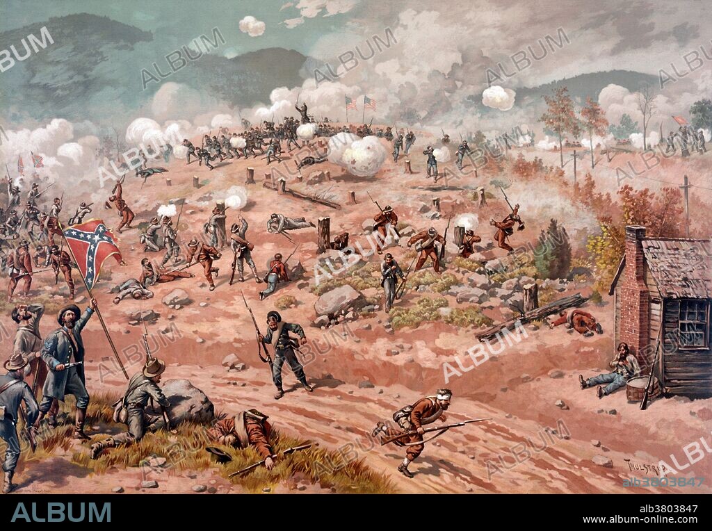 The Battle of Allatoona was fought October 5, 1864, in Bartow County, Georgia, as part of the Franklin-Nashville Campaign of the American Civil War. A Confederate division under General Samuel French attacked a Union garrison under General John Corse, but was unable to dislodge it from its fortified position protecting the railroad through Allatoona Pass. The Franklin-Nashville Campaign was a series of battles in the Western Theater, conducted from September 18 to December 27, 1864, in Alabama, Tennessee, and northwestern Georgia. The Confederate Army of Tennessee under General John Bell Hood drove north from Atlanta, threatening General William Sherman's lines of communications and central Tennessee. After a brief attempt to pursue Hood, Sherman returned to Atlanta and began his March to the Sea, leaving Union forces under General George Thomas to deal with Hood's threat. Painting by Thure de Thulstrup, chromolithograph published by L. Prang & Company, 1887.