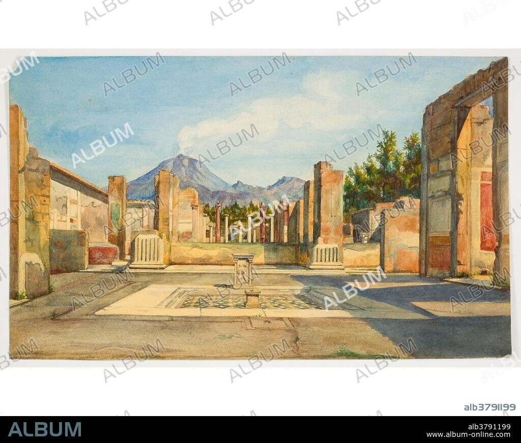 BERNARDINO MONTAÑÉS Y PÉREZ. Bernardino Montañés y Pérez / 'Vista de Pompeya con el Vesubio al fondo'. Siglo XIX. Acuarela, Preparado a lápiz sobre papel, 155 x 256 mm.
