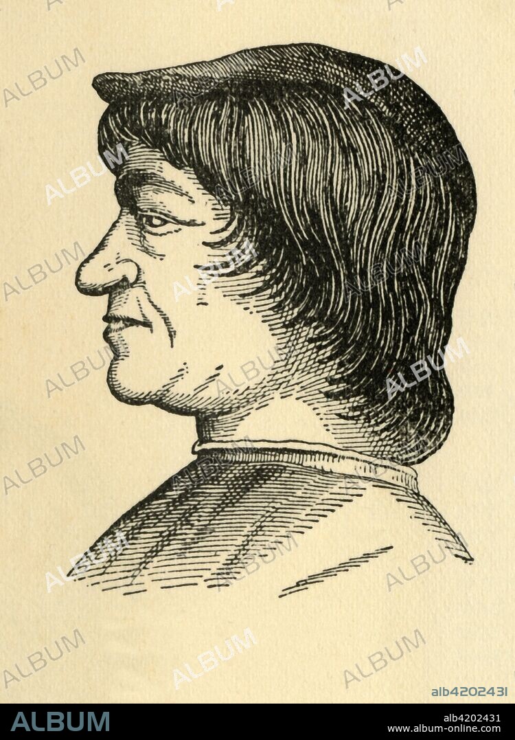 'Lorenzo De Medici', (1933). Portrait of Italian politician Lorenzo de' Medici (1449-1492). Known as 'the Magnificent', he was a diplomat and patron of scholars, artists and poets, as well as de factor ruler of Florence. From "Gestalten Der Weltgeschichte", a book of cigarette-card portrait miniatures of figures in world history from the last four hundred years. [Germany, 1933].