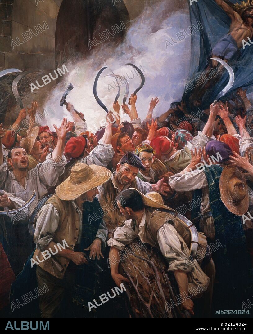GUERRA DELS SEGADORS. (1649). "CORPUS DE SANG" o (ELS SEGADORS). (Detalle). Pintura alusiva al día de Corpus de 1640, en que un grupo de segadores se sublevaron contra las tropas reales. Oleo de Antoni ESTRUCH (1907). Museo Municipal de Arte de Sabadell. Provincia de Barcelona. Cataluña.