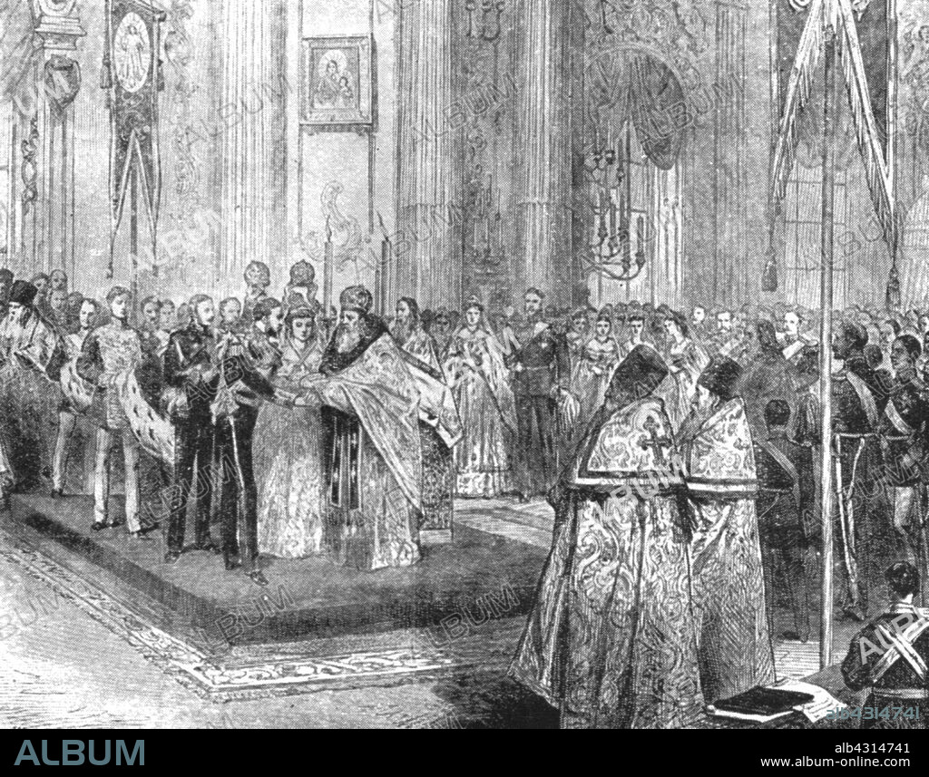 'The Marriage of The Duke of Edinburgh with The Grand Duchess Marie Alexandrovna, in The Winter Palace at St. Petersburg, January 23, 1874', (1901). Prince Alfred (1844-1900), son of Queen Victoria, married Maria Alexandrovna of Russia (1853-1920) in an Orthodox service at the Grand Church of the Winter Palace, St Petersburg, Russia. From "The Illustrated London News Record of the Glorious Reign of Queen Victoria 1837-1901: The Life and Accession of King Edward VII. and the Life of Queen Alexandra". [London, 1901].