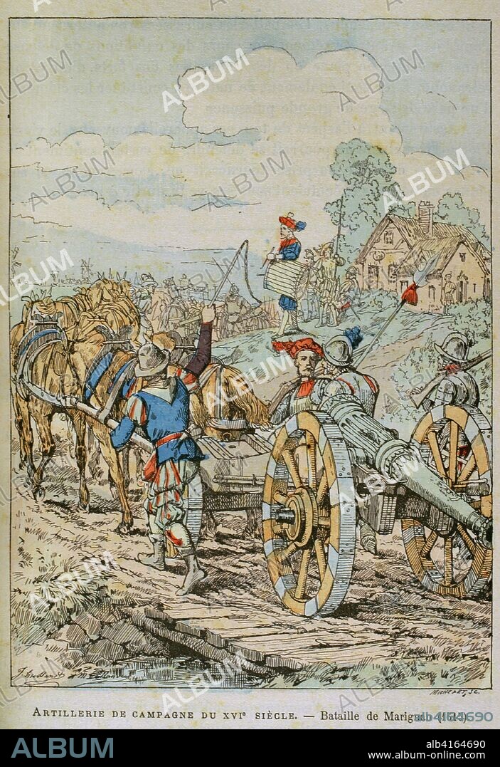 Edad Moderna. Artillería de campaña. Siglo XVI. Batalla de Marignan (1515), en territorio Italinao. Enfrentó a los ejércitos aliados de Francisco I de Francia y la República de Venecia contra las tropas de la Confederación Suiza, propietaria del Ducado de Milán. Contexto de las guerras de Italia, Guerra de la Liga de Cambrai. Ilustración a color de la "Armeé Française, Nos Soldats" (Ejército Francés, Nuestros Soldados). Autor, Eugene Hennebert (1826-1896). París, h. 1890. Ilustración firmada por Hussenot y Pallandre. Biblioteca Histórico Militar de Barcelona, Cataluña, España.
