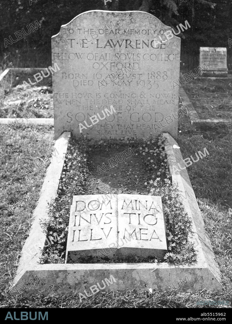 Grave Of T.E. Lawrence -- The grave of T.E. Lawrence (Lawrence of Arabia) lies in the quiet Churchyard of sleepy Moreton village near Wareham in Dorset - only half a mile from his birthplace. After a colourful and varied life, Lawrence was killed in a motor-cycling accident in Dorset. February 20, 1955. (Photo by Paul Popper Ltd.).