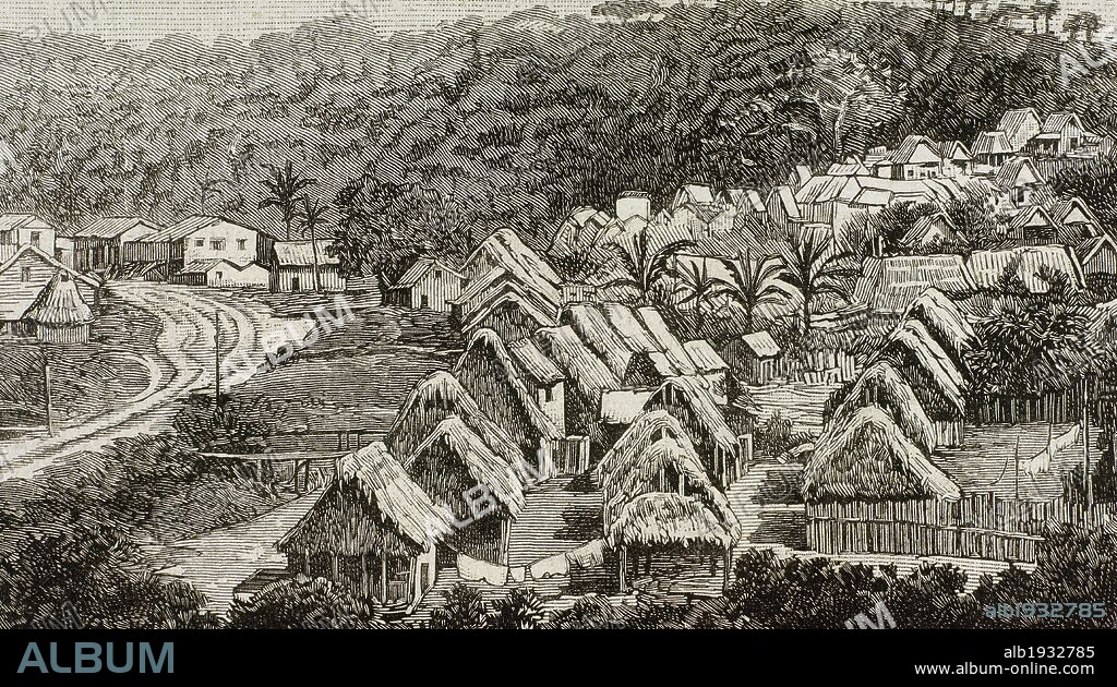 CONSTRUCCION DEL CANAL DE PANAMA. Campamento de obreros en los Altos del Emperador. Grabado del año 1886.