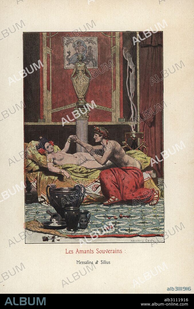 Empress Messalina naked on a bed with her lover, the Roman senator Gaius Silius. Colour printed illustration by Auguste Leroux from Felicien Champsaur's novel L'Orgie Latine (Roman Orgy), Fasquelle, Paris, 1903.