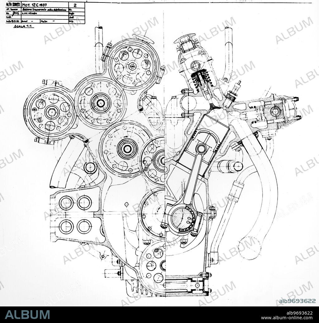Technical drawing of the Alfa Romeo 12c engine - 1937. ©2006 TopFoto.