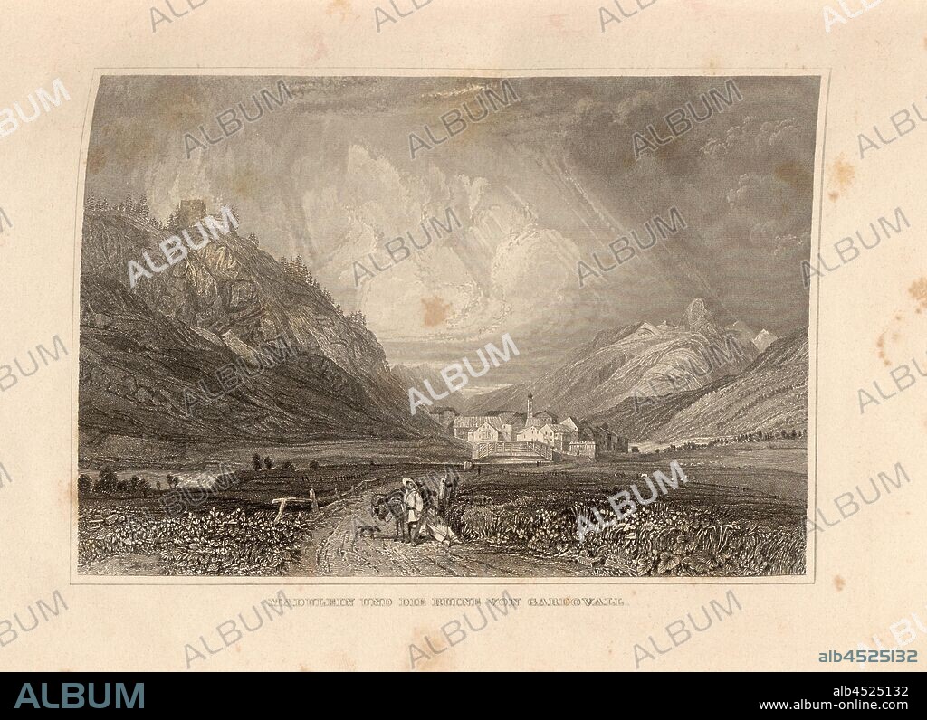 Madulein and the ruins of Gardovall, View of Madulain with Burg Guardaval, after p. 20, p. 41, Müller, Adolph (gezeichnet); Winkles, Henry (gestochen), 1858, Heinrich Zschokke: Die Schweiz in ihren klassischen Stellen und Hauptorten; mit 72 Originalansichten, gezeichnet von Adolph Müller, gestochen von Henry Winkles und den besten englischen Künstlern. Zweite durchgesehene und ergänzte Auflage. Stuttgart: Gebrüder Scheitlin; St. Gallen: Scheitlin & Zollikofer, 1858.