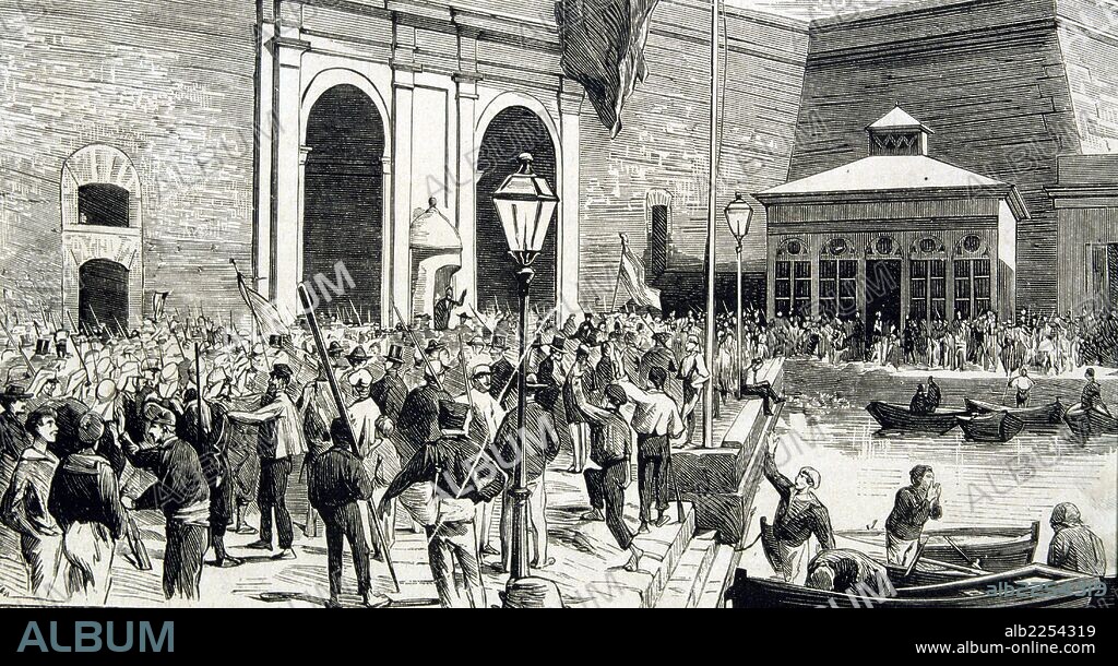 PRIMERA REPUBLICA 1873-1874. ESPAÑA.  LEVANTAMIENTO CANTONAL 1874. " LOS SOLDADOS DE IBERIA CONFRATERNIZAN CON LA MARINERIA EN CARTAGENA ". GRABADO DE LA ILUSTRACION ESPAÑOLA Y AMERICANA.