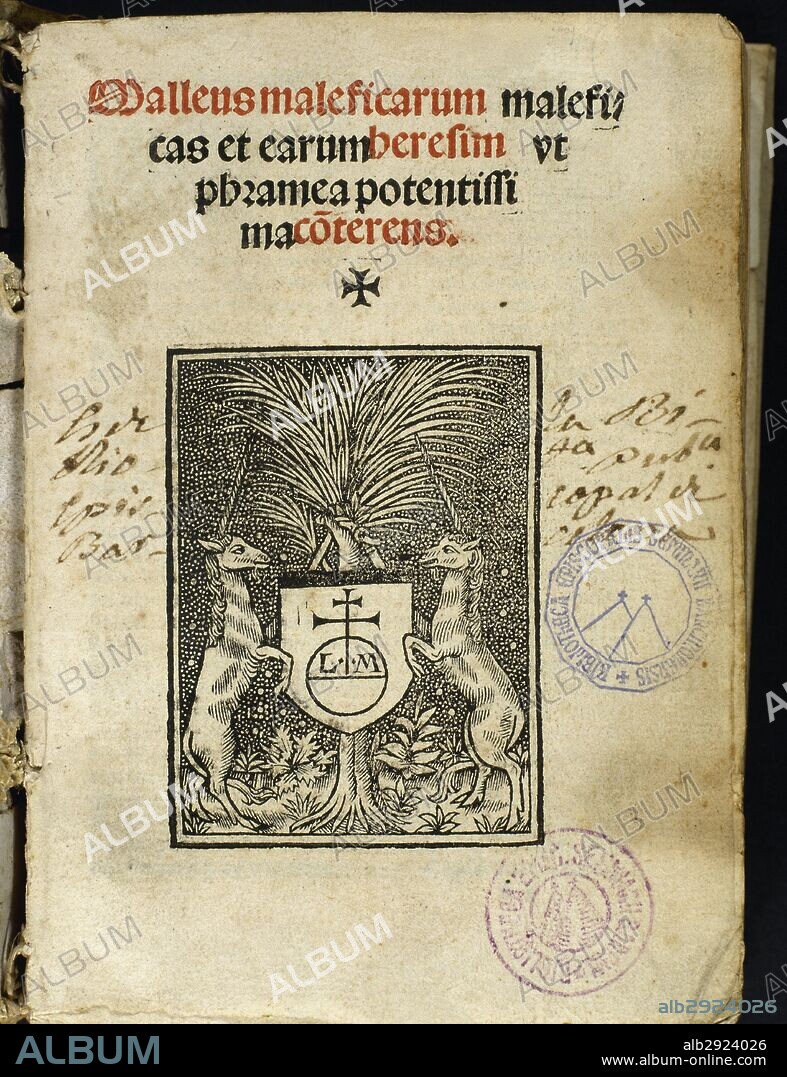 Malleus Maleficarum (1487), written by German churchman and inquisitor Heinrich Kramer or Henricus Institor (c.1430-1505). It describes witchcraft and processes for the extermination of witches, he was instrumental in establishing the period of witch trials in the early modern period. Cover page. Printed in Lyon, 1519 by Joannem Masson. Private Collection.