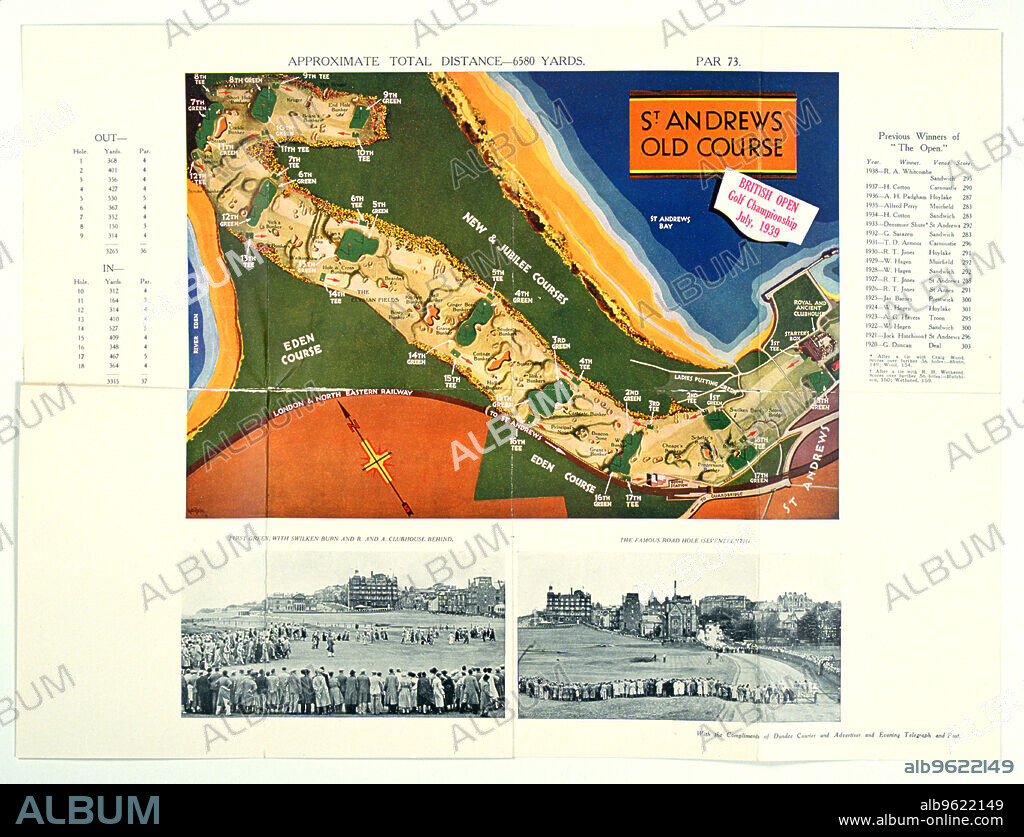Map of Old Course, St Andrews, Open Championship, 1939, and photographs of the seventeenth hole at St Andrews.