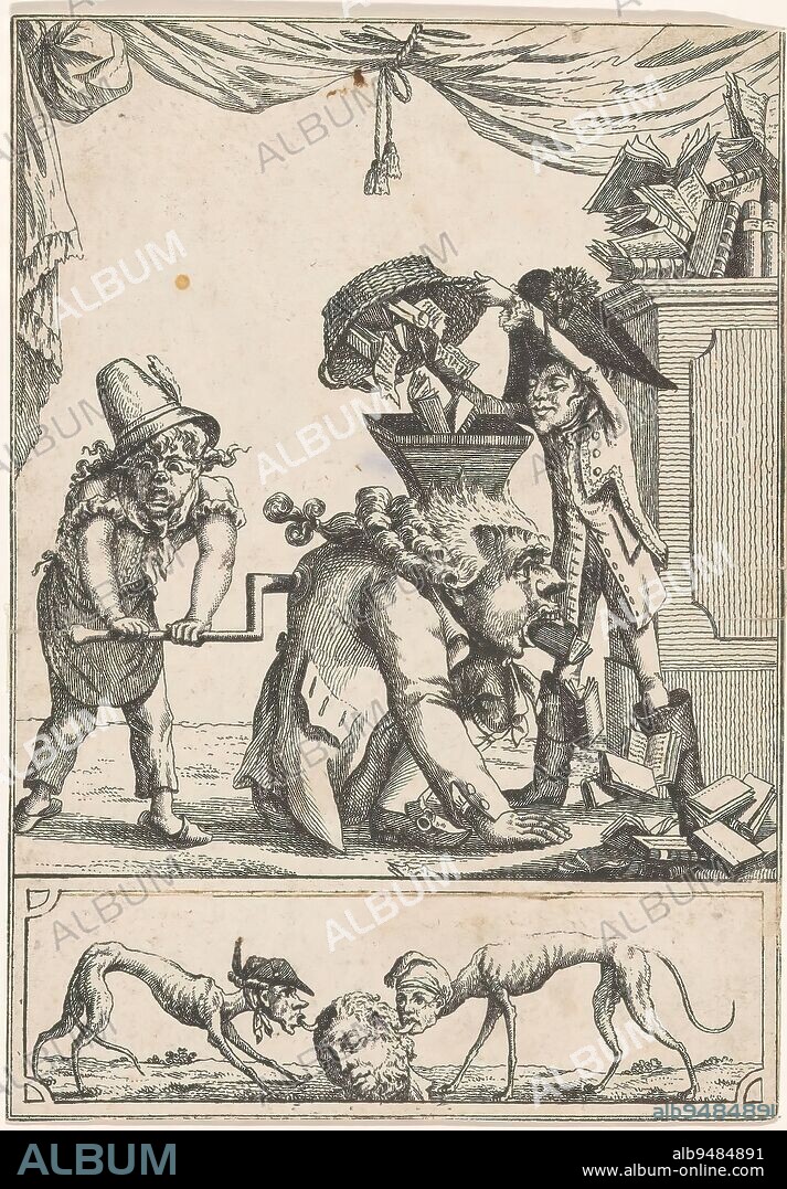 Cartoon on the French Revolution, A man with a stitch on his head throws books into a funnel attached to the head of a seated man, while another man turns a lever on his back. In this way, old books and papers are ground up into new books that come out again through the mouth of the seated man. Below two dogs with human heads licking at a severed head., print maker: anonymous, c. 1792 - c. 1825, paper, etching, height 139 mm × width 97 mm.