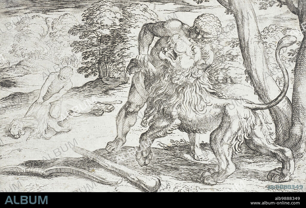 ANTONIO TEMPESTA y NICOLAUS VAN AELST. Hercules and the Nemean Lion, 1608. From The Labors of Hercules, pl. 2.