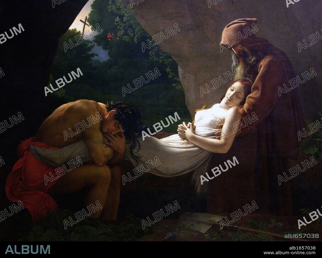 Funerailles d'Atala (Anne-Louis Girodet de Roussy Trioson. Atatla is taken from the novel by Chateaubriand, published in 1801. The moment chosen is the burial of Atala in the grotto, where a hermit winds linen round the body. 1808.